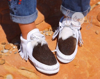 Handmade White Leather Moccasins with Cowhide, Custom Fit, Sheepskin Insoles (Optional)