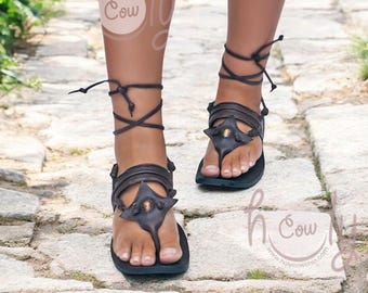 Handmade Brown Leather Wrap Sandals, Unisex Renaissance Style
