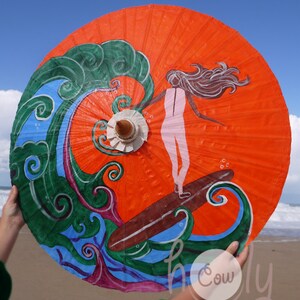 Hand Painted Surfer On Waterproof Parasol With FREE Umbrella Bag, Umbrella, Hippie Umbrella, Boho Umbrella, Surfer, Hand Painted Umbrella image 2