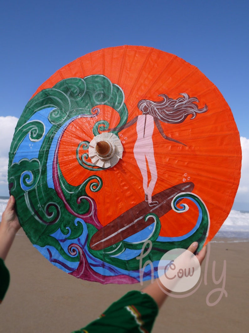 Hand Painted Surfer On Waterproof Parasol With FREE Umbrella Bag, Umbrella, Hippie Umbrella, Boho Umbrella, Surfer, Hand Painted Umbrella image 2