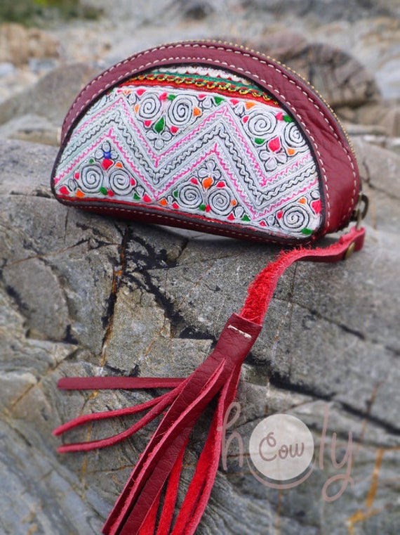 Cartera tribal de cuero rojo cartera hippie cartera gitana