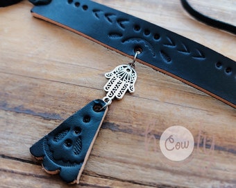 Black Leather Choker Necklace With Hamsa Hand, Hippie Necklace, Boho Necklace, FREE SHIPPING
