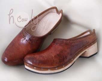 Handmade Traditional Brown Women's Leather Clogs, Women's Clogs, Leather Clogs, Clogs, Wooden Clogs, Boho Clogs, Women's Leather Clogs