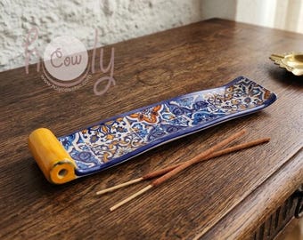 Handcrafted Ceramic Incense Burner, Hand Painted Portuguese Tiles, 9 Inch Length