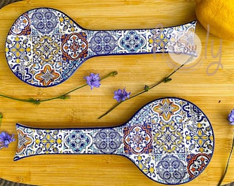 Ceramic Spoon Holder With Traditional Portuguese Patterns, Traditional Portuguese Tiles, Spoon Rest in Traditional Portuguese Ceramic