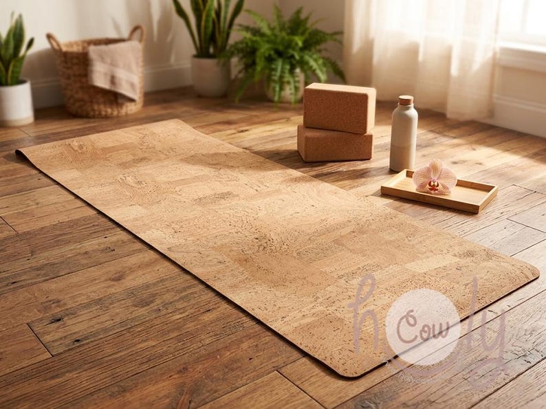 Op de afbeelding: Een natuurlijke kurken yogamat is uitgerold op een houten vloer. Twee yogablokken, een waterfles en een klein dienblad met een bloem staan in de buurt. De mat is ongeveer 183 cm lang.