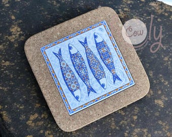 Salvamanteles decorativo de cerámica con base de corcho y diseño de peces, soporte para platos calientes, salvamanteles de cerámica, ENVÍO GRATIS
