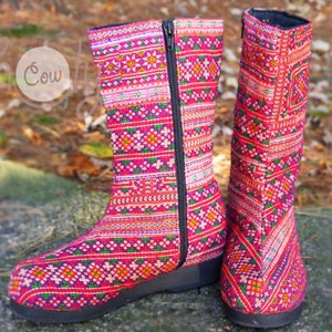 Women's Tribal Vegan Boots, Womens Boots, Tribal Boots, Vegan Boots, Hmong Boots, Hippie Boots, Boho Boots, Pink Boots, Ethnic Boots, Boots image 2