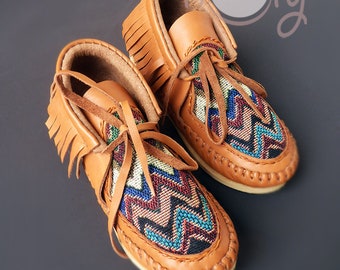 Hand-Stitched Leather Moccasins With Tribal Fabric, Handmade Fringe Boots