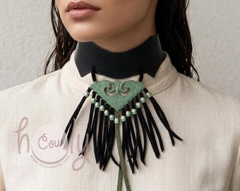 Women's Handmade Leather Necklace With Tribal Pendant, Leather Necklace, Tribal Necklace, Leather Choker, Tribal Choker, Gothic Necklace