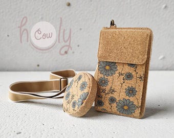 Handmade Eco Friendly Printed Phone Pouch in Natural Cork with a Detachable Coin Purse, FREE SHIPPING