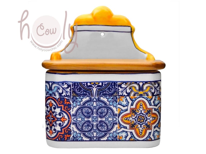 Rectangular Ceramic Salt Containers Wall Mountable Ceramic Salt Container With Wooden Lid and Decorated ...