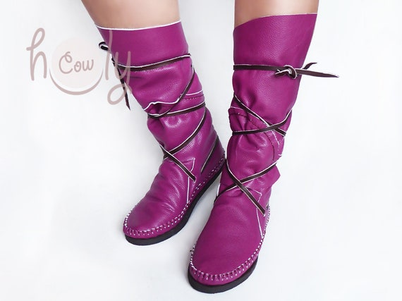 Purple Leather Moccasins Pink Moccasin Boots Womens Moccasins Moccasins Women Leather Moccasins Leather Boots Womens Boots Moccasins