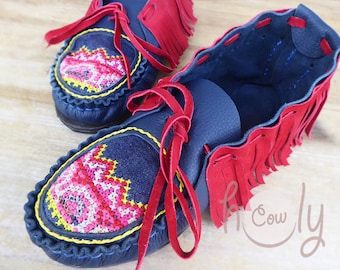 Handmade Blue Leather Moccasin With Embroidered Vintage Tribal Fabric, Womens Moccasins, Tribal Moccasins, Hippie Boho Boots, Tribal Boots