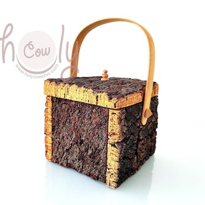 Contenedor de corcho 100 % natural y ecológico con asa de madera, caja rústica, caja natural, joyero, caja de picnic, caja ecológica.