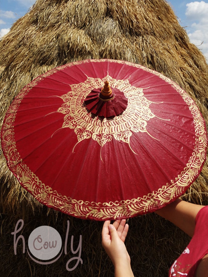 Hand Painted Red Waterproof Parasol With FREE Umbrella Bag, Red Umbrella, Red Parasol, Wedding Parasol, Waterproof Parasol image 1