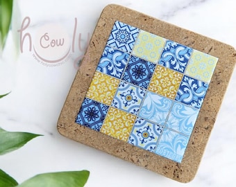 Juego de 2 agarraderas decorativas de cerámica con base de corcho, 2 soportes para platos calientes, 2 soportes para ollas calientes, salvamanteles de cerámica, agarradera de cerámica