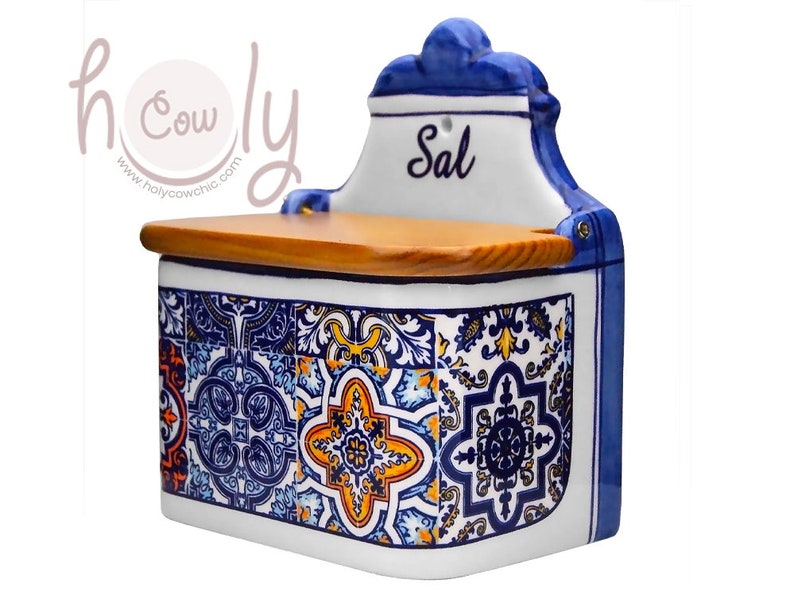 Rectangular Ceramic Salt Containers Wall Mountable Ceramic Salt Container With Wooden Lid and Decorated ...