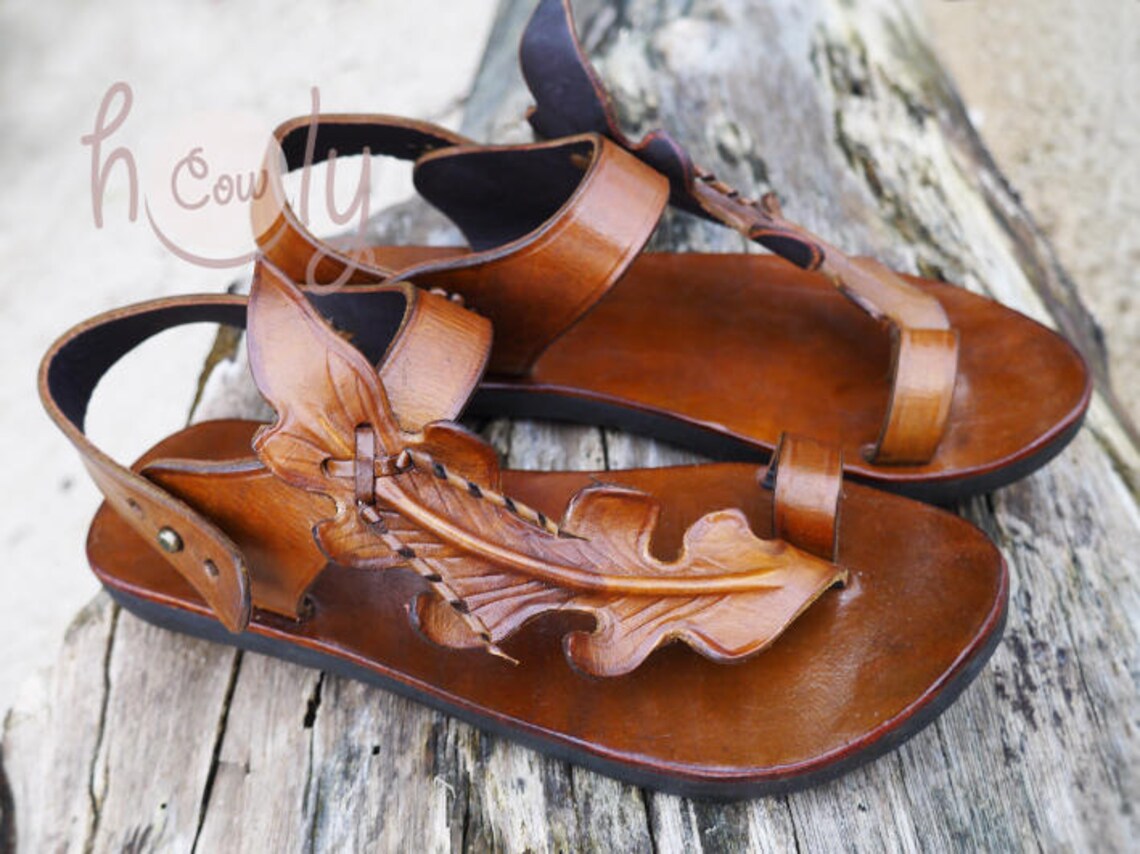 Handmade Brown Leather Leaf Sandals Womens Sandals Mens Etsy