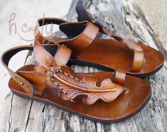 Handmade Brown Leather Leaf Sandals, Womens Sandals, Mens Leather Sandals, Leather Sandals Women, Hippie Sandals, Leaf Sandals, Mens Sandals