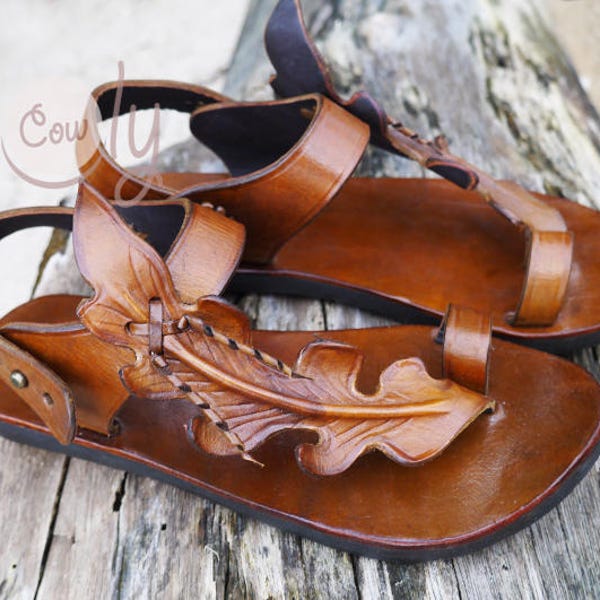 Handgemachte braune Leder-Sandalen, Damen-Sandalen, Herren-Ledersandalen, Ledersandalen Frauen, Hippie-Sandalen, Blatt-Sandalen, Herren-Sandalen