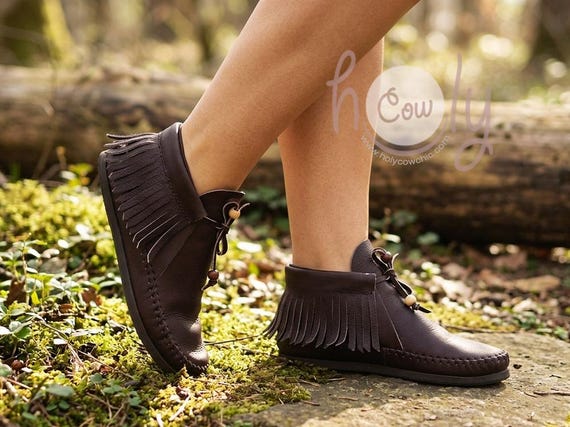 Handmade Brown Leather Moccasins, Fringe Ankle Boots, Unisex Shoes