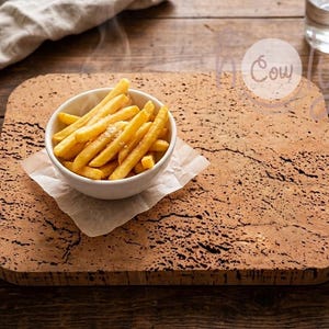 Puede incluir: Un cuenco de cerámica blanca lleno de patatas fritas doradas, cubiertas con sal, sobre un trozo de papel de horno encima de una tabla de corcho rectangular con una superficie texturizada y porosa. El texto "n Cow" es visible.