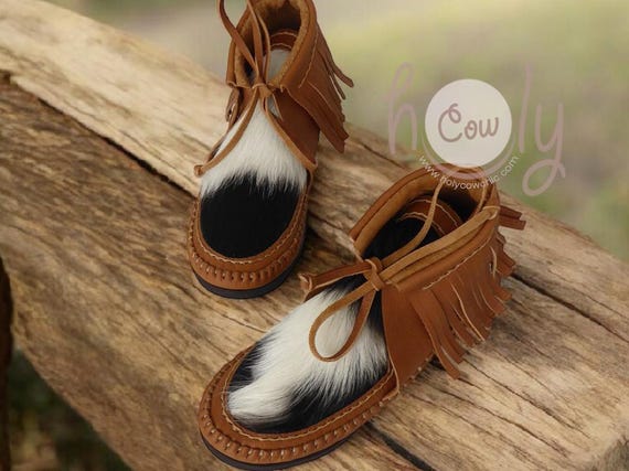 Brown Leather Moccasins With Hairy Cowhide, Brown Moccasin Boots