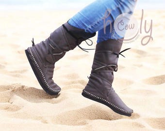 Mocasines de cuero gris estilo funky, mocasines para hombre, mocasines para mujer, botas para mujer, botas renacentistas, botas vikingas, botas para cosplay, ENVÍO GRATIS
