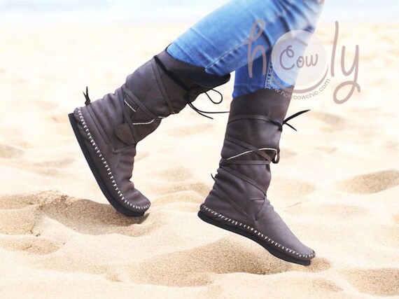 Funky Gray Leather Moccasins, Mens Moccasins, Womens Moccasins, Women's Boots, Renaissance Boots, Viking Boots, Cosplay Boots, FREE SHIPPING