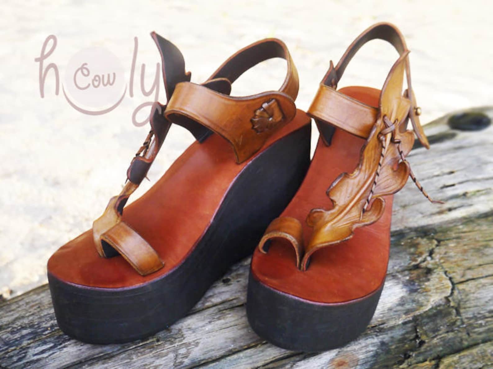 Handmade Brown Leather Platform Sandals, Brown Leather Sandals, Womens ...