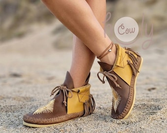 Mocassini in pelle marrone fatti a mano, Mocassini da donna, Mocassini tribali, Scarpe in pelle marrone, Scarpe in pelle fatte a mano, Stivali marroni, SPEDIZIONE GRATUITA