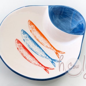 Handmade Ceramic Olive Dish With 3 Colorful Fish Sardines