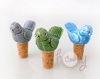 Handmade Ceramic Bird Cork Bottle Stoppers Available In Different Colors, Wine Stoppers, Cork Stoppers, FREE SHIPPING