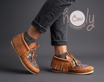 Brown Leather Moccasins With Tribal Fabric, Moccasins Women, Moccasin Boots, Moccasins Men, Mens Moccasins, Moccasins, Leather Moccasins