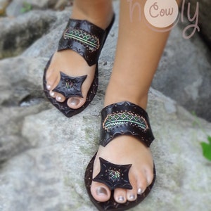 Dark Brown Leather Tribal Sandals, Handmade Sandals, Womens Sandals ...