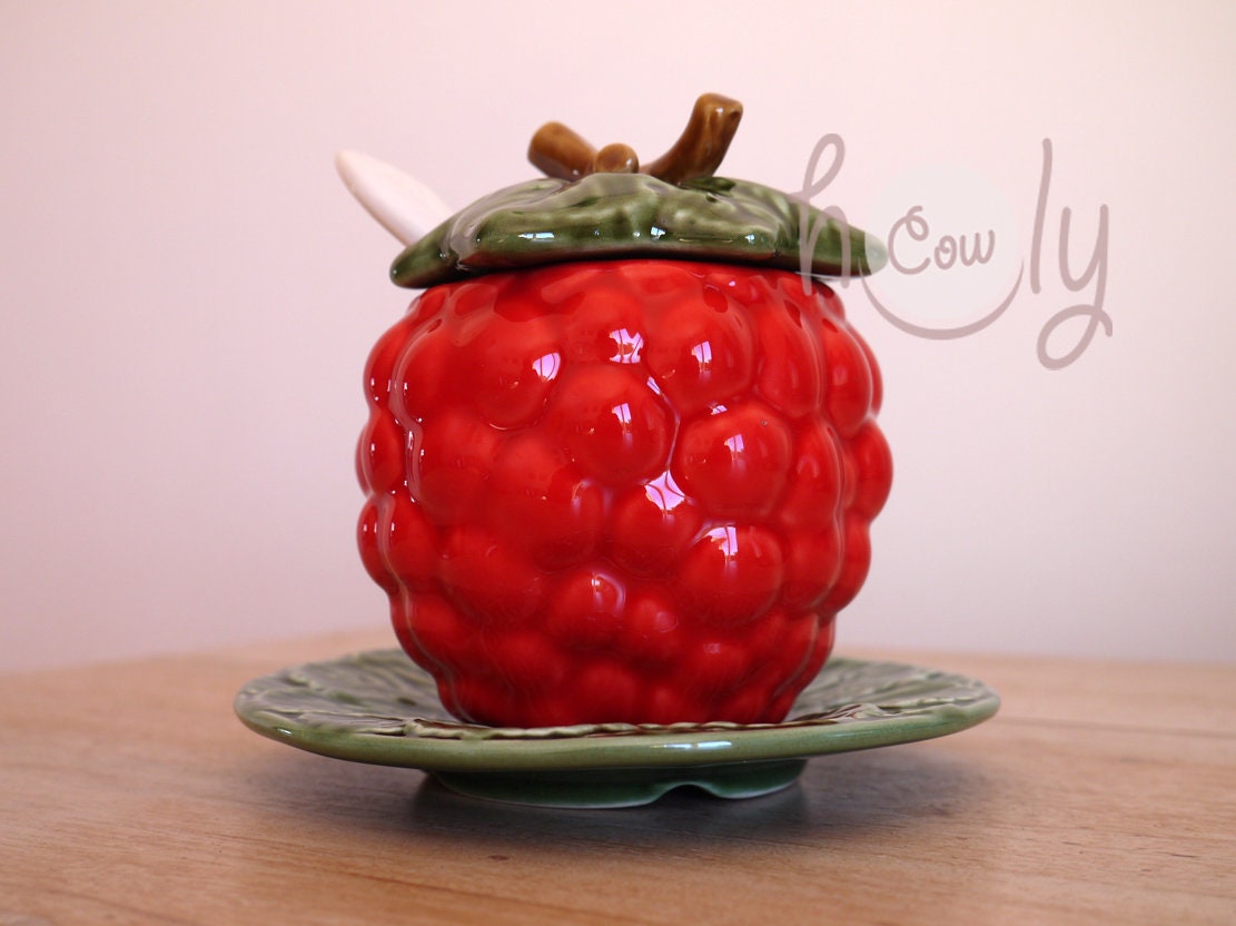 Handmade Ceramic Raspberry Bowl With Spoon on Leaf Plate, Ceramic Fruit ...