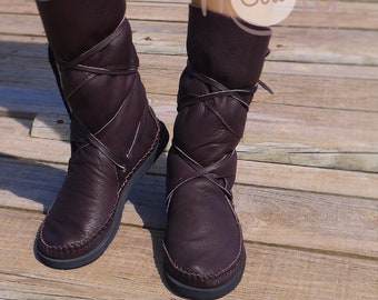 Mocassini da donna in pelle marrone fatti a mano, stivali in pelle marrone, mocassini in pelle, mocassini, stivali da donna, stivali hippie, stivali cosplay