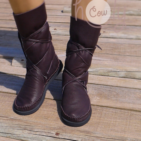 Handgemaakte bruinleren damesmocassins, bruine leren laarzen, leren mocassins, mocassins, dameslaarzen, hippielaarzen, cosplaylaarzen