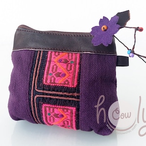 Carteira pequena com zíper tribal roxo e rosa, carteira Hippie Boho, carteira cigana, carteira Boho, carteira feminina, bolsa de couro, bolsa roxa Coin Boho