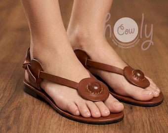 Sandalias de cuero marrón de plena flor hechas a mano, calzado estilo boho hippie.