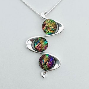 Dichroic Fused Glass Silver Pendant w/ Chain