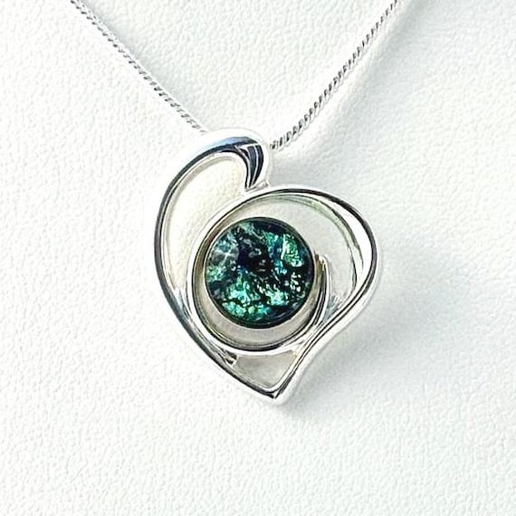 Dichroic Fused Glass Silver Heart Pendant w/ Silver Chain