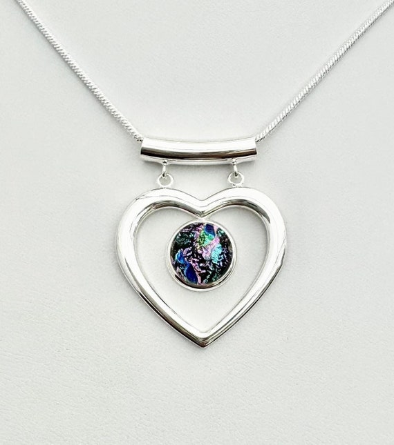 Dichroic Glass Silver Heart Pendant w/ Chain