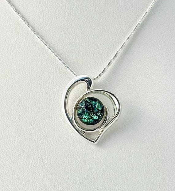 Dichroic Fused Glass Silver Heart Pendant w/ Silver Chain