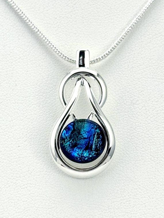 Dichroic Fused Glass Silver Knot Pendant w/ 2mm Silver Snake Chain