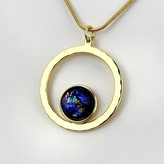 Dichroic Glass Hammered Gold Circle Pendant