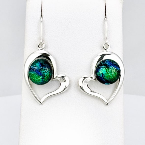 Dichroic Glass Offset Heart Sterling Silver Earrings