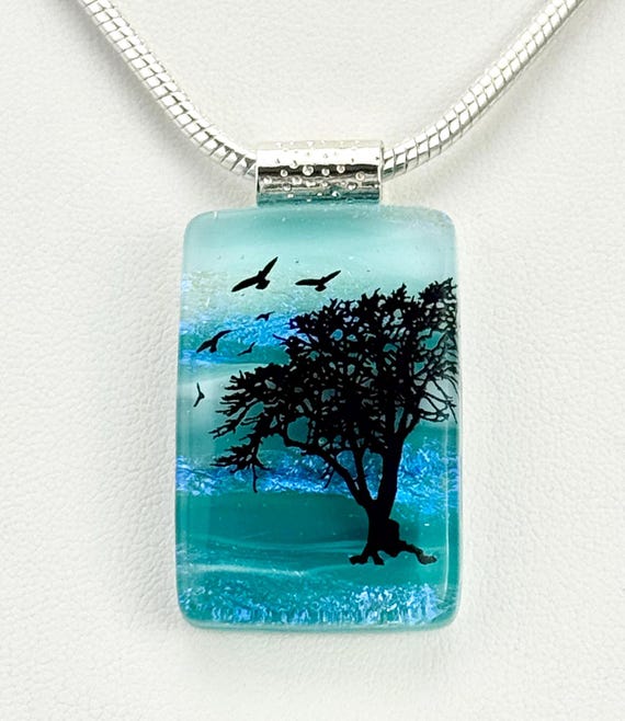 Fused Glass Landscape Tree Pendant Necklace