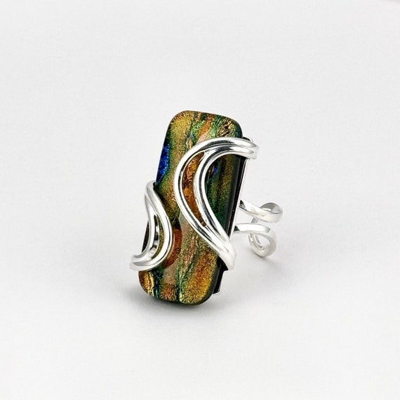 Dichroic Fused Glass Adjustable Silver Statement Ring